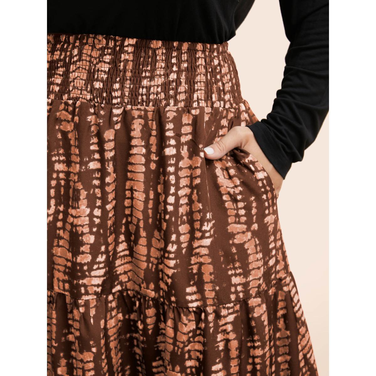 Plus Size Geometric Shirred Ruffle Layered Hem Skirt Women Browncoffeecolor Casual Shirred No stretch Slanted pocket Everyday Skirts BloomChic 10/M Product Image