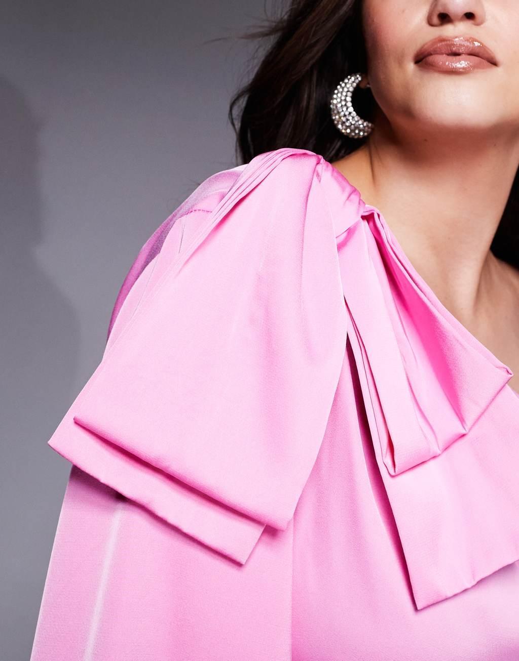 ASOS LUXE Curve satin off shoulder wide leg jumpsuit with bow in pink Product Image