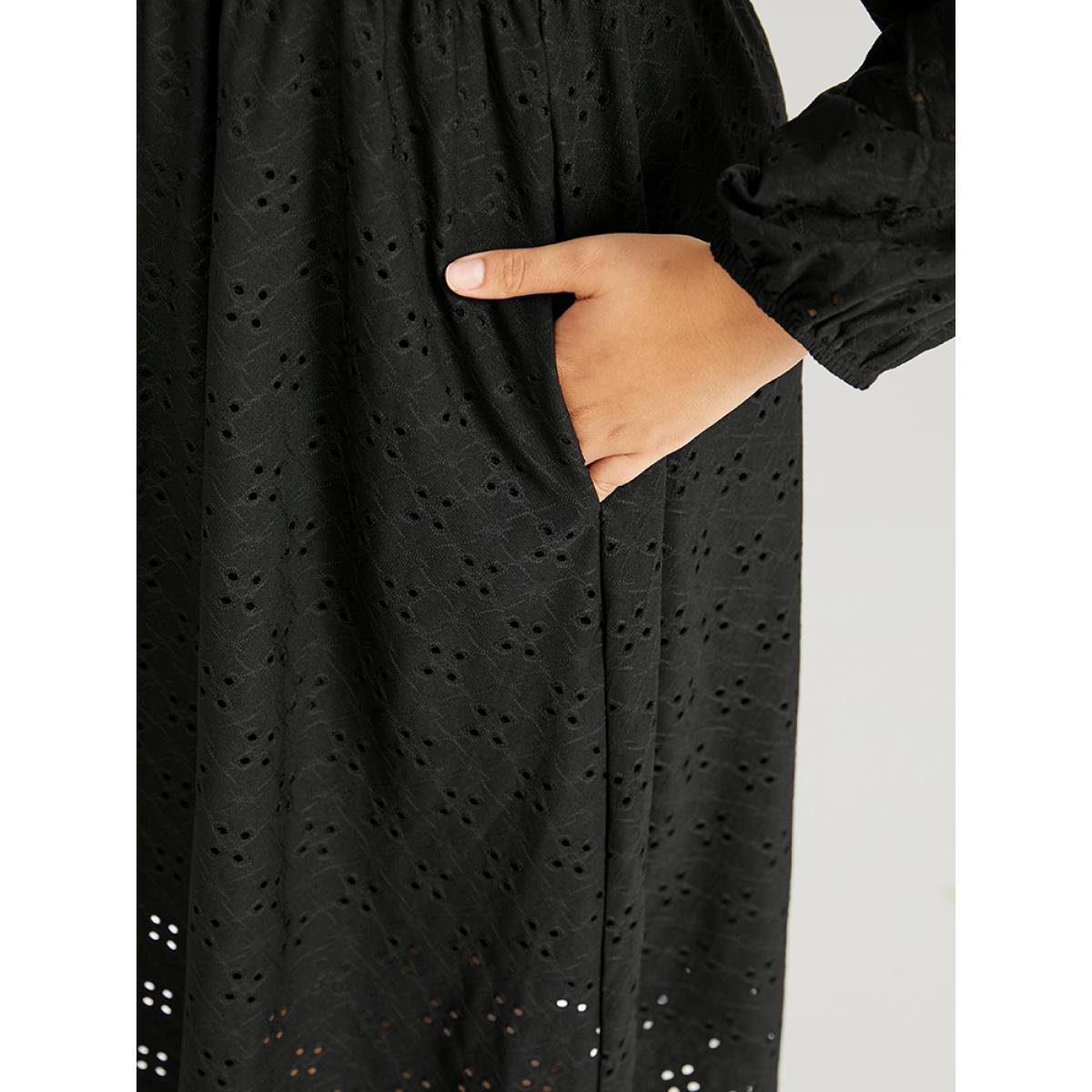 Plus Size Plain Square Neck Laser Cut Lantern Sleeve Dress Black Women Elegant Elastic cuffs Square Neck Long Sleeve Curvy Midi Dress BloomChic 18-20/2X Product Image