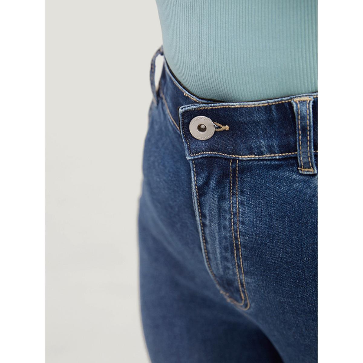 Plus Size Butterfly Embroidered Moderately Stretchy High Rise Dark Wash Bootcut Jeans Women Blue Elegant Plain Embroidered Medium stretch Pocket Jeans BloomChic 20/2X Product Image