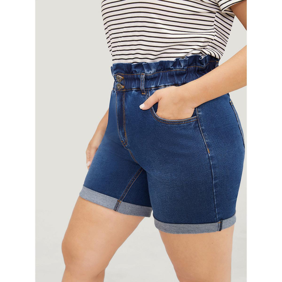 Plus Size Very Stretchy High Rise Medium Wash Paperbag Waist Denim Shorts Women Blue Casual Plain High stretch Pocket Jeans BloomChic 18/2X Product Image