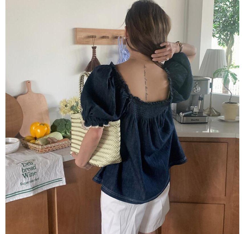 Short-Sleeve Square Neck Denim Babydoll Blouse Product Image
