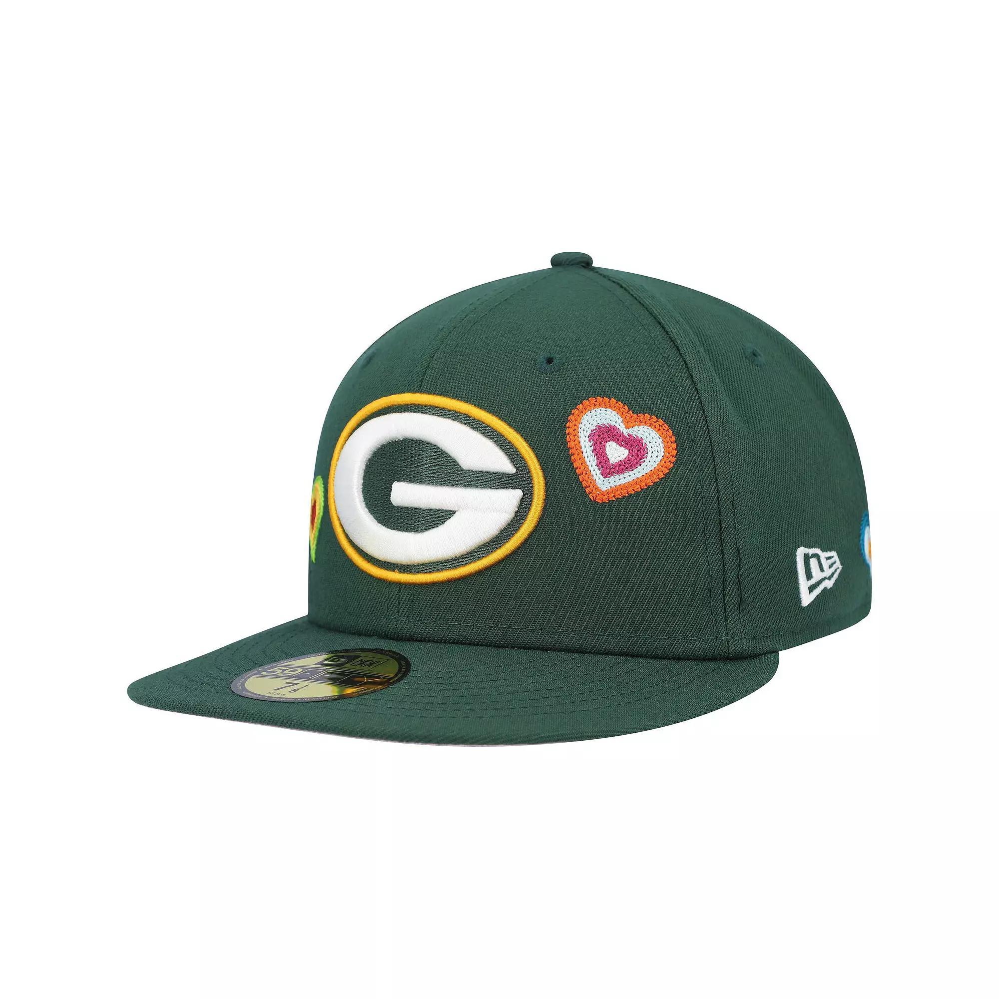Men's New Era Green Green Bay Packers Chain Stitch Heart 59FIFTY Fitted Hat, Size: 7 5/8 Product Image