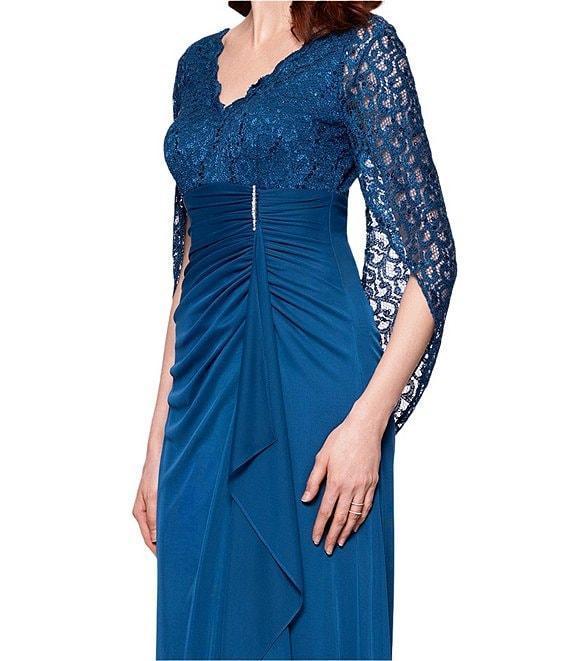 Betsy & Adam Lace Matte Jersey V Neck 3/4 Sleeve Draped Back Sheath Gown Product Image