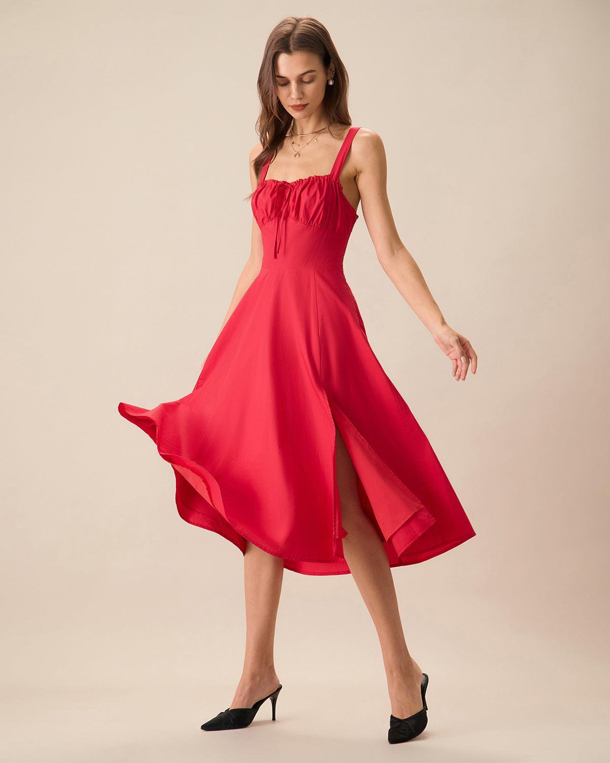 Women's Red Square Neck Ruched Slip Midi Dress Female Product Image