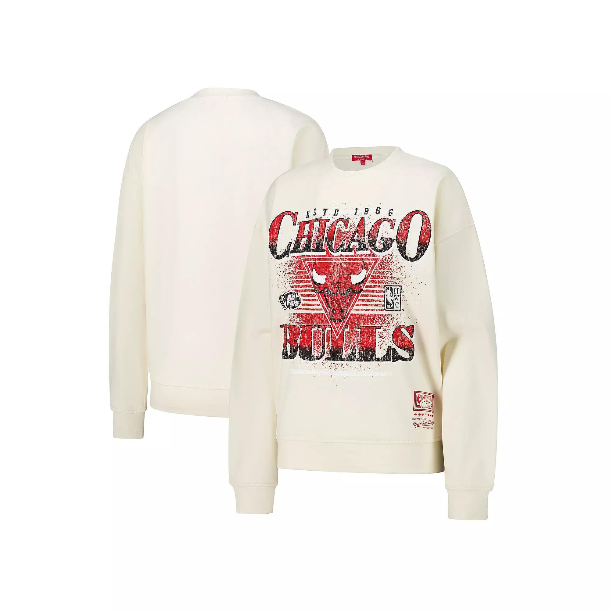 Women's Mitchell & Ness Cream Chicago Bulls Oversprayed Pullover Sweatshirt, Size: Small, Beige Product Image