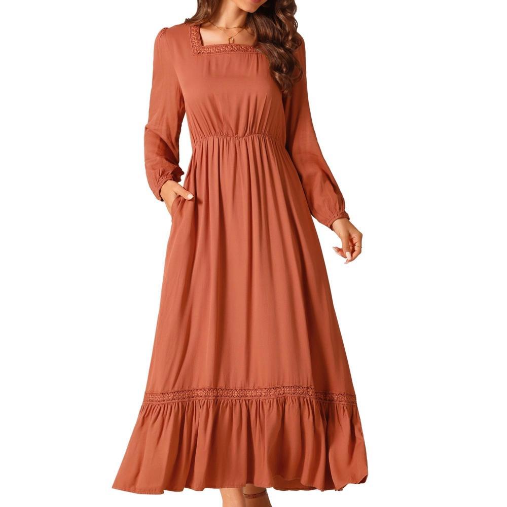 Seta T Women's Boho Long Sleeve Square Neck Elastic High Waist A-Line Maxi Dress with Pockets Product Image