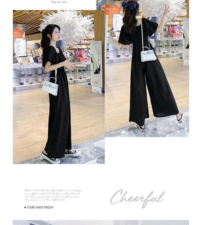 Puff-Sleeve Square-Neck Plain Ruffled Wide Leg Jumpsuit Product Image