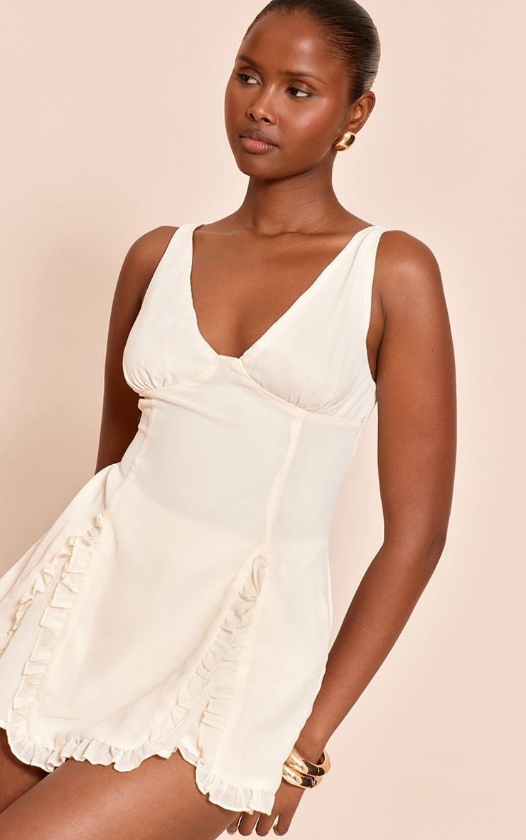 Cream Chiffon Frill Pleated Detail Romper Product Image