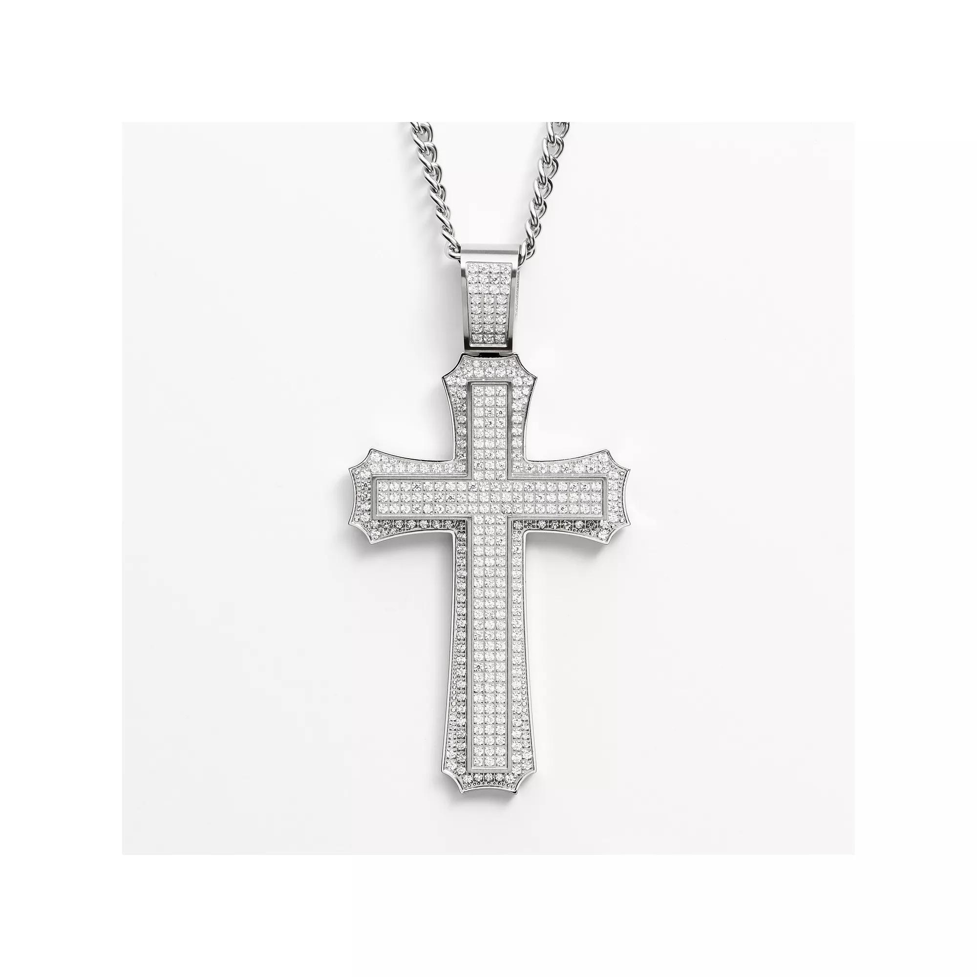 Stainless Steel Cubic Zirconia Cross Pendant - Men, Men's, Size: 24", White Product Image