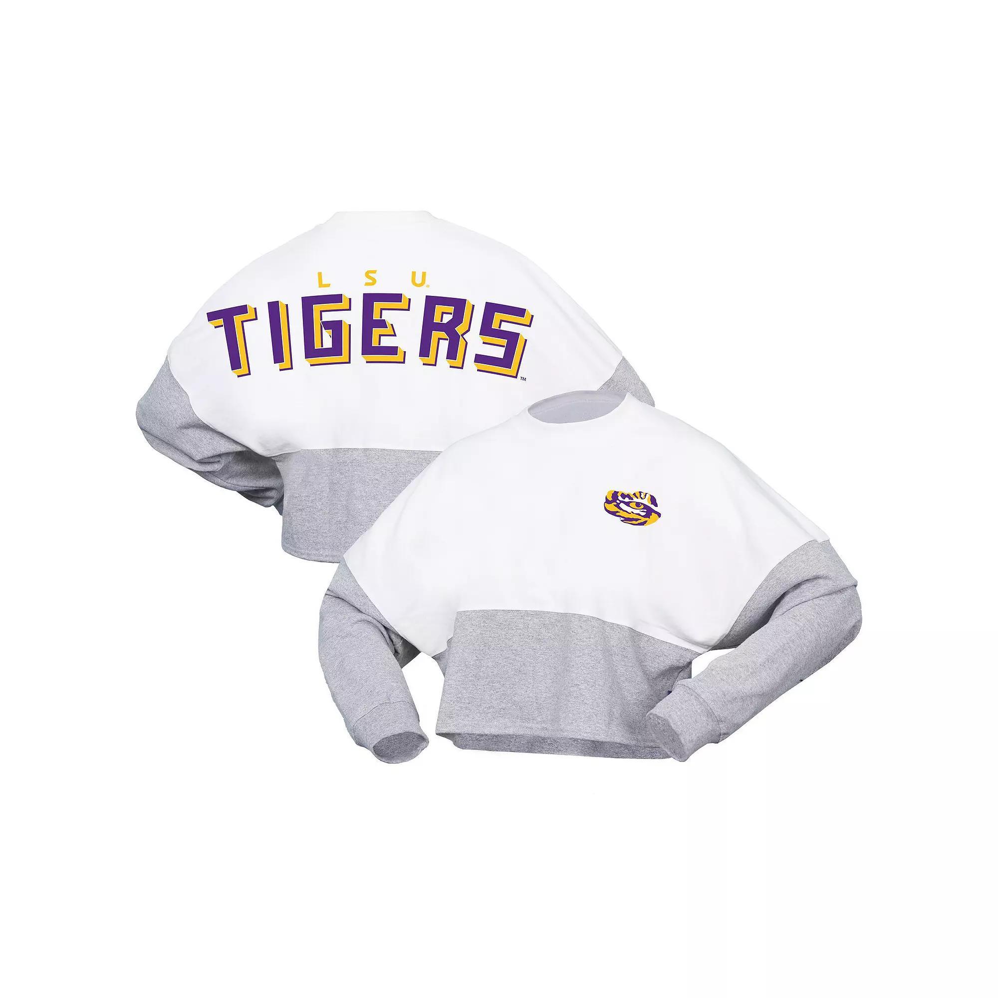 Women's Spirit Jersey  White LSU Tigers Heather Block Cropped Long Sleeve Jersey T-Shirt, Size: Large Product Image