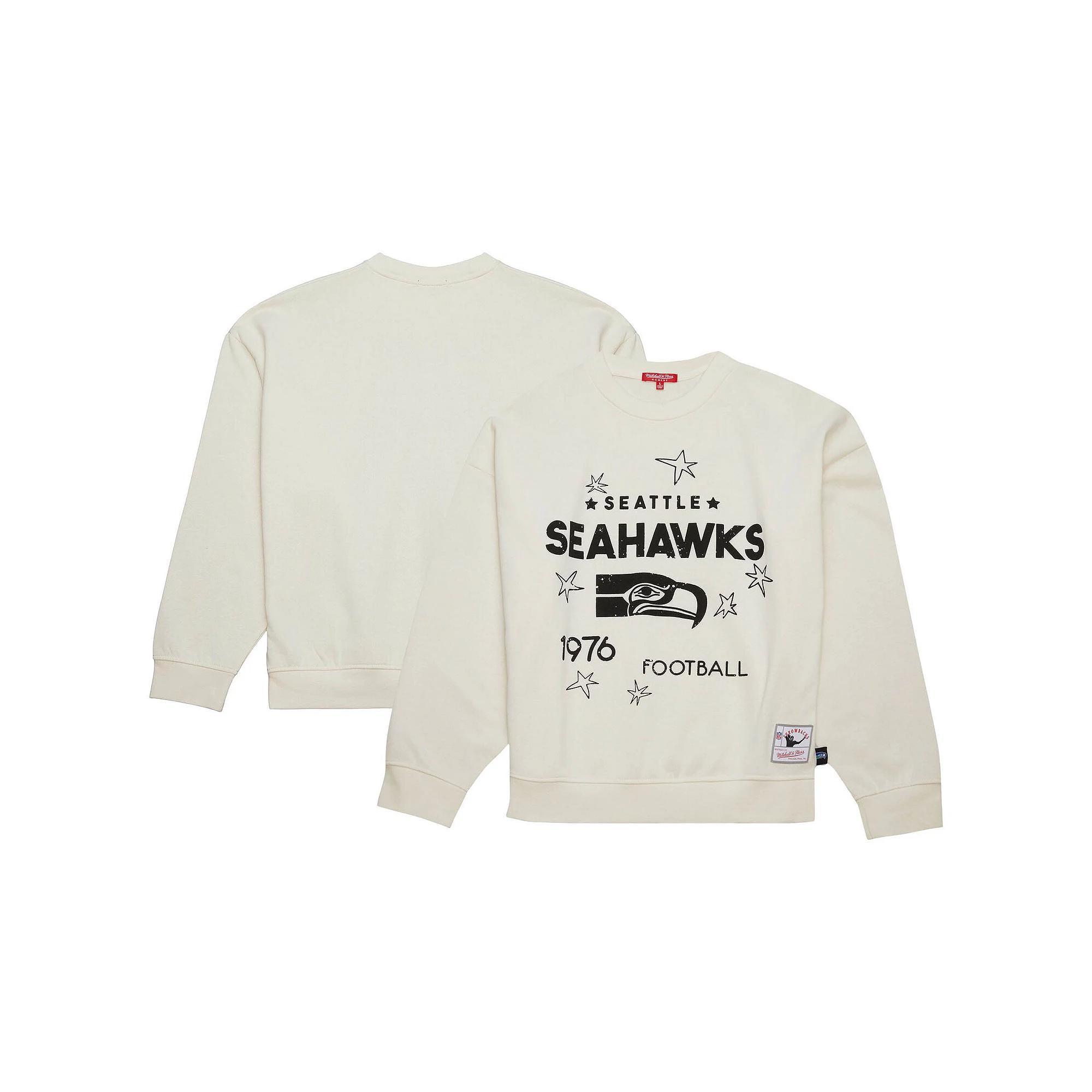 Women's Mitchell & Ness  Cream Seattle Seahawks Throwback Logo 3.0 Pullover Sweatshirt, Size: XL, Beige Product Image