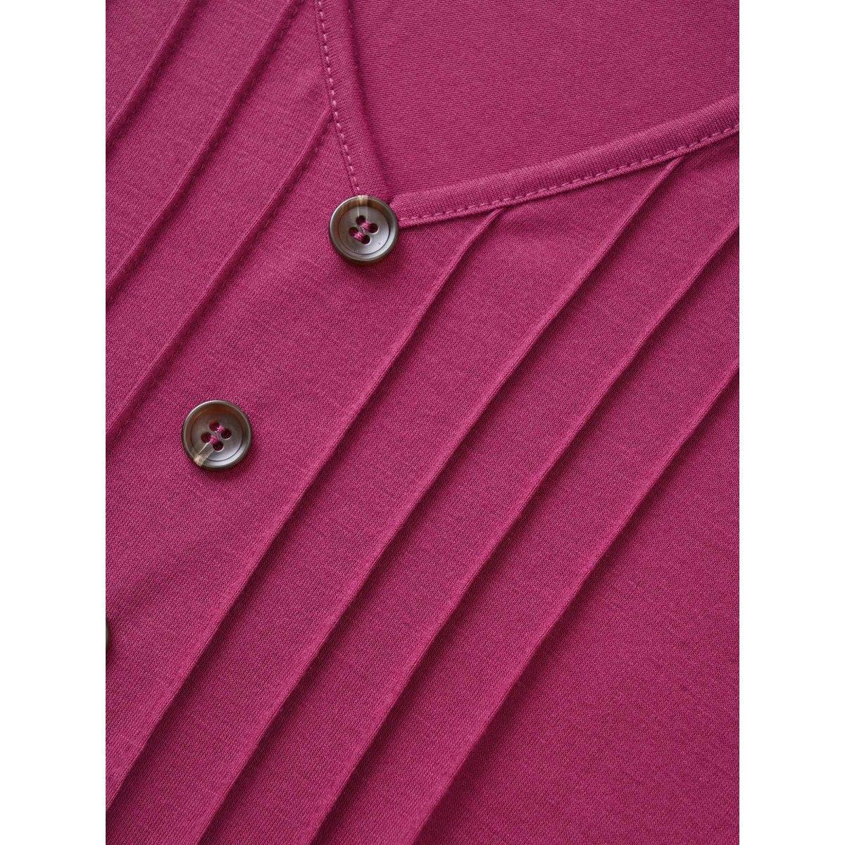 Plus Size Solid Pleated Front Button Detail V Neck T-shirt RedViolet Women Casual Button Plain Everyday T-shirts BloomChic 22-24/3X Product Image