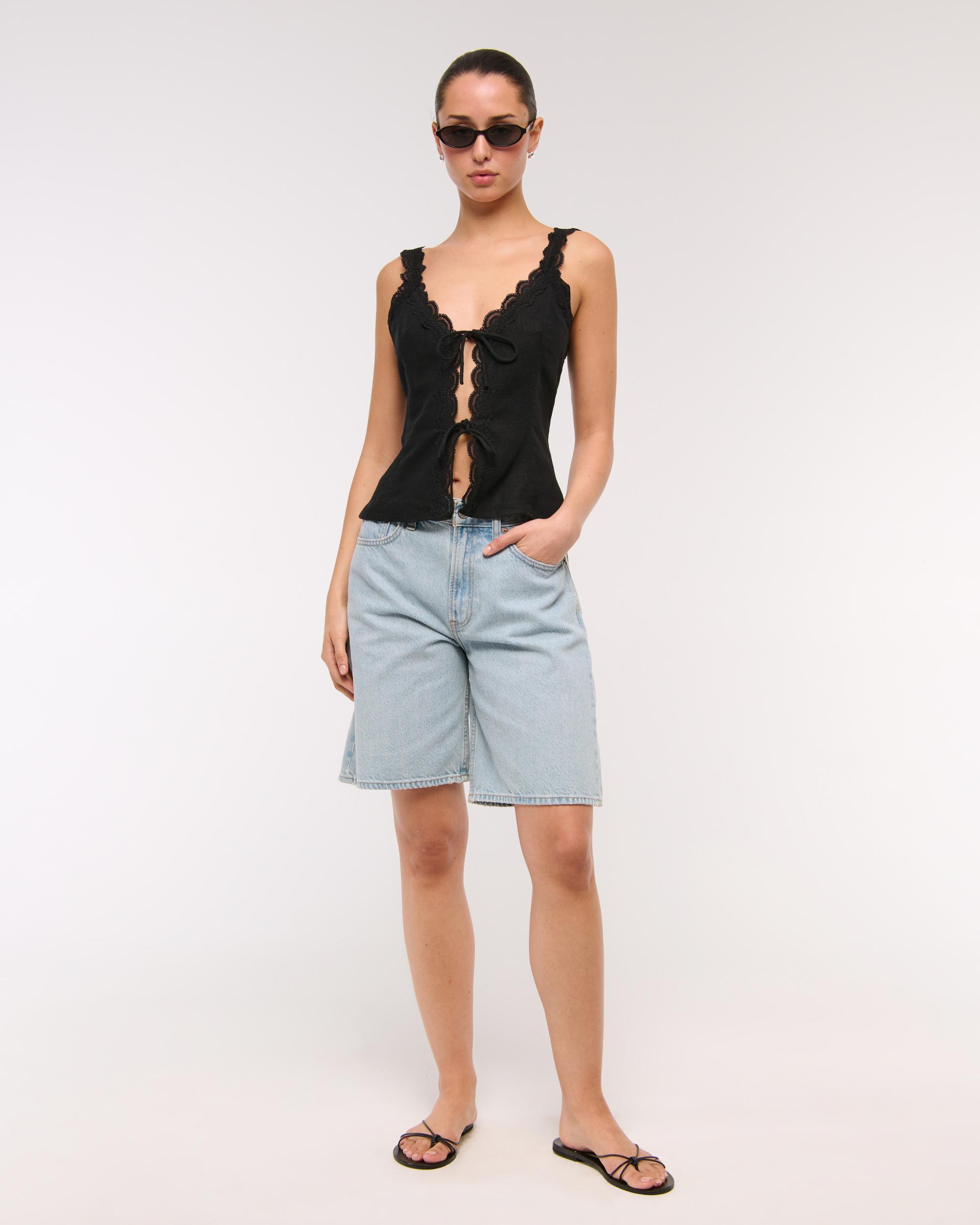 Lace-Trim Tie-Front Peplum Top Product Image