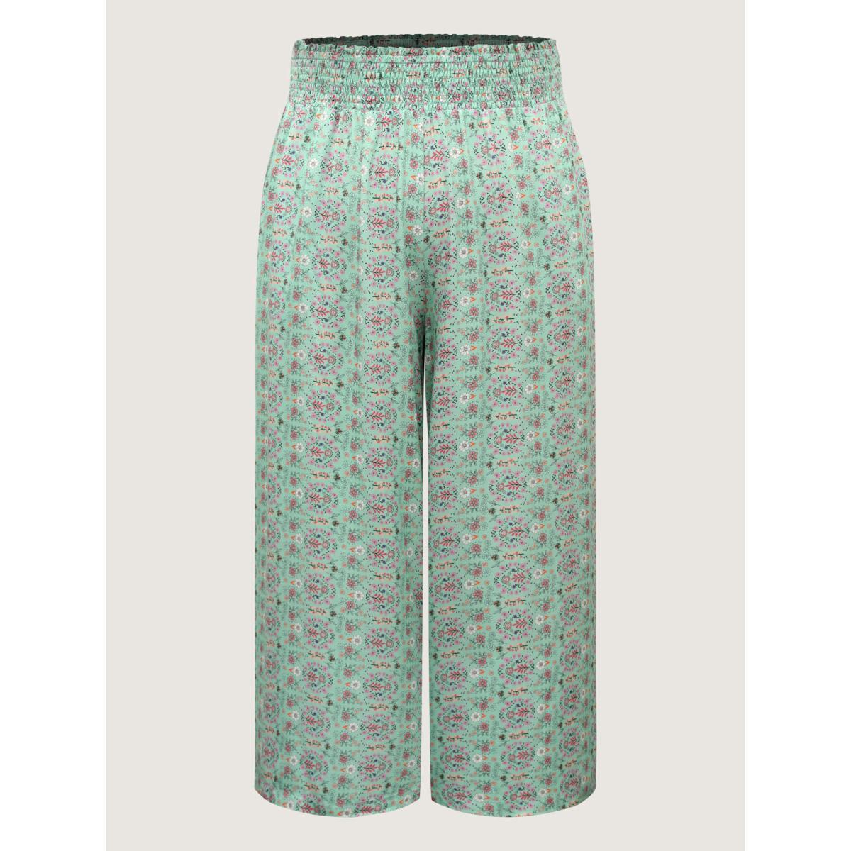 Plus Size Shirred Waist Floral Print Wide-Leg Pants Women Malachitegreen Beach Wide Leg Mid Rise Vacation Pants BloomChic 10/M Product Image