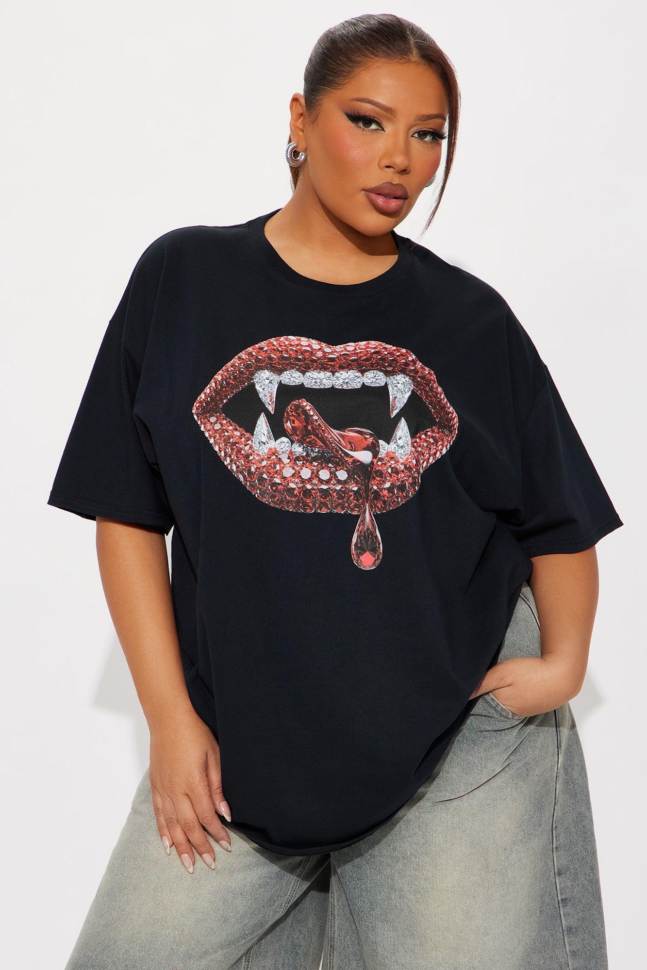 Seductive Lips Rhinestone Tee  - Black Product Image
