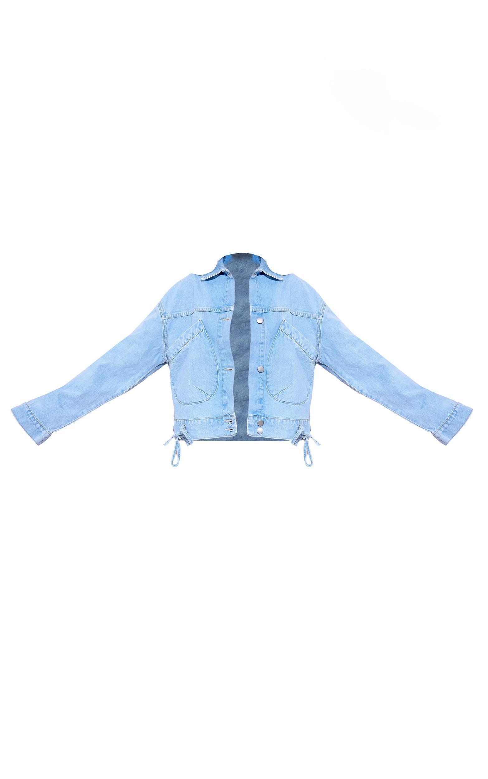 Light Blue Wash Lace Up Bow Detail Cropped Denim Jacket Product Image