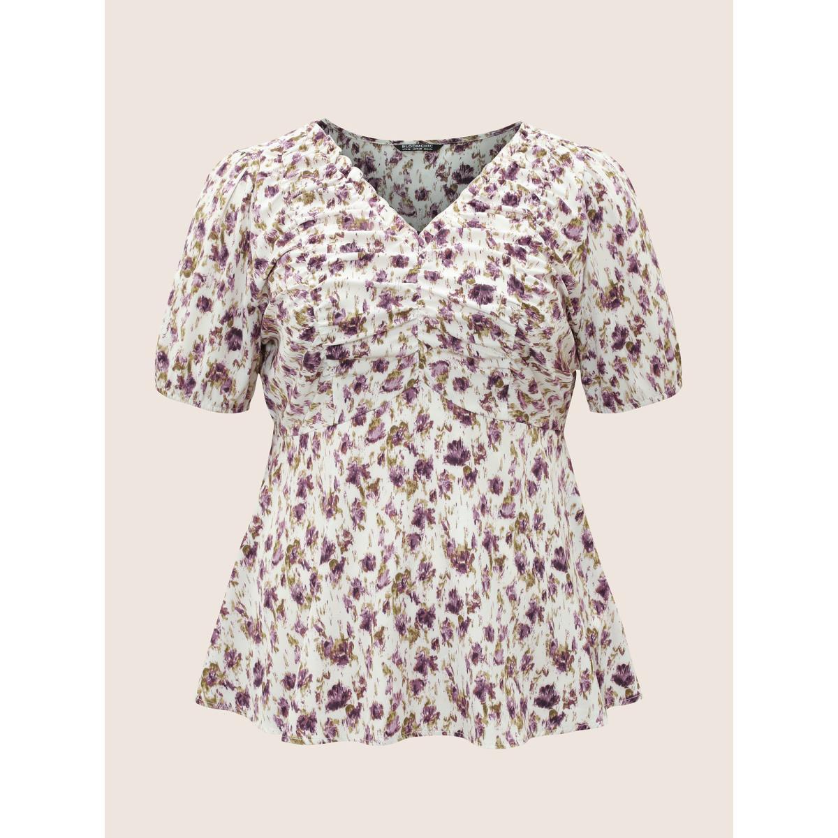 Plus Size Mauve Pixel Flower Ruched Ruffle Trim Blouse Women Elegant Short sleeve V-neck Everyday Blouses BloomChic 22-24/3X Product Image