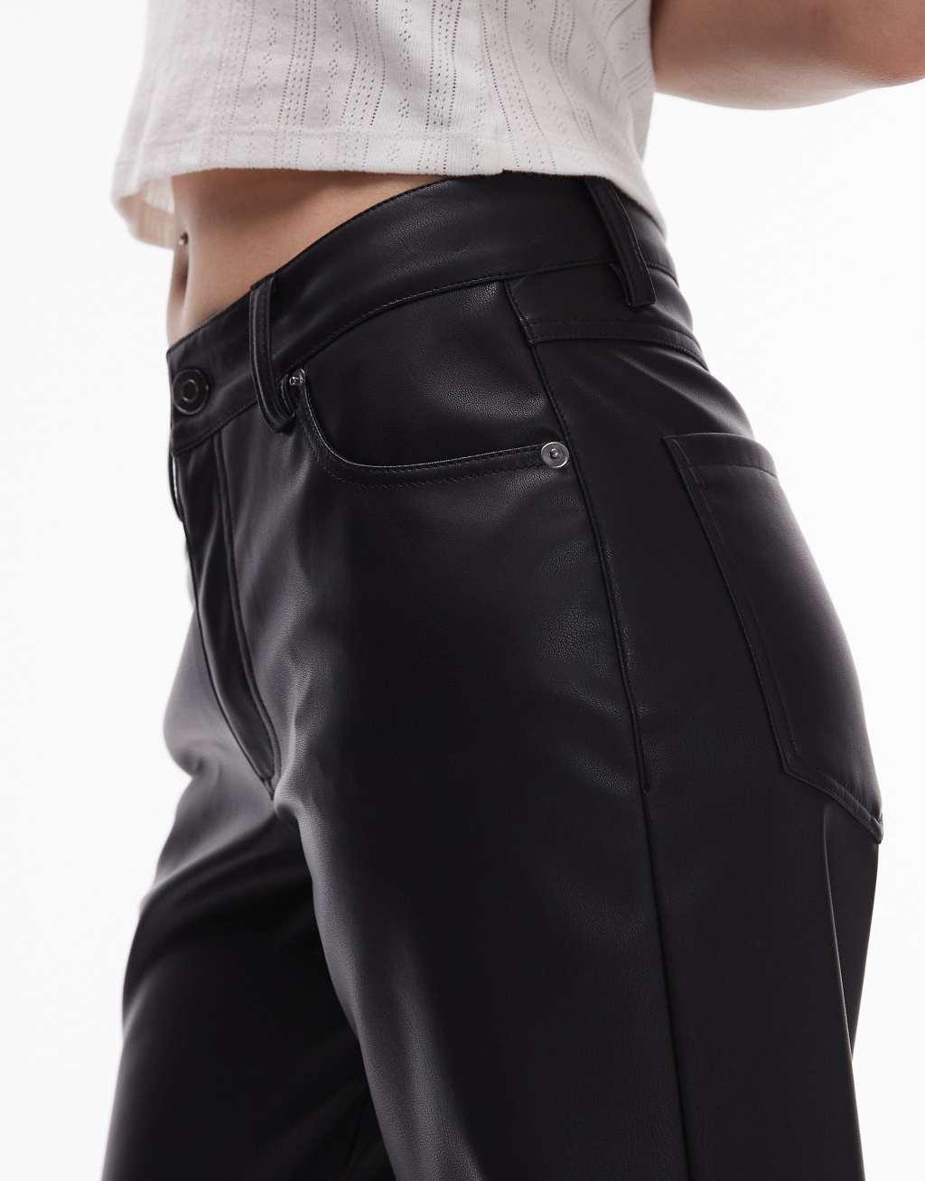 Topshop Petite ankle grazer straight leg faux leather pants in black Product Image