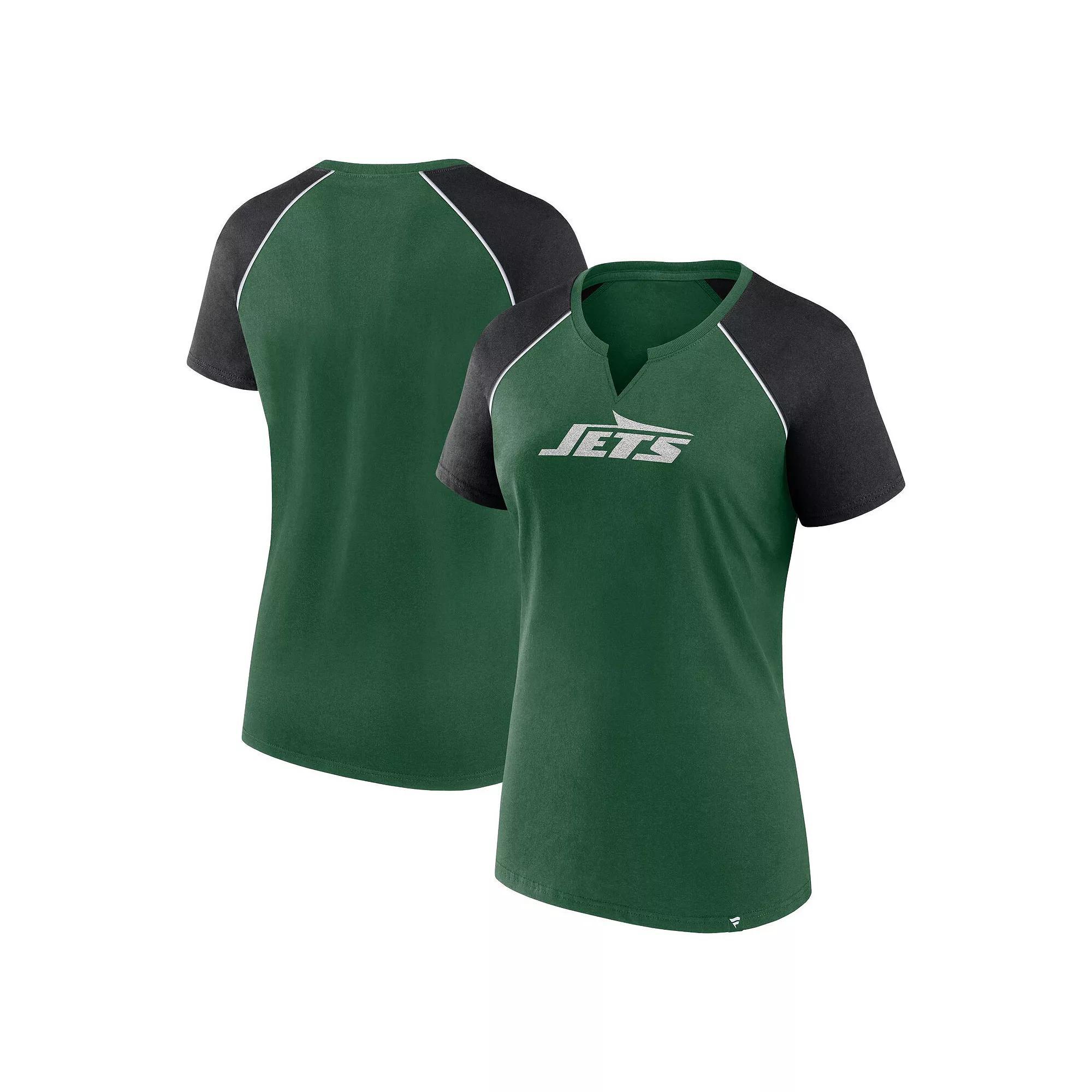Women's Fanatics Green/Black New York Jets Glittered Primary Raglan T-Shirt, Size: Large Product Image