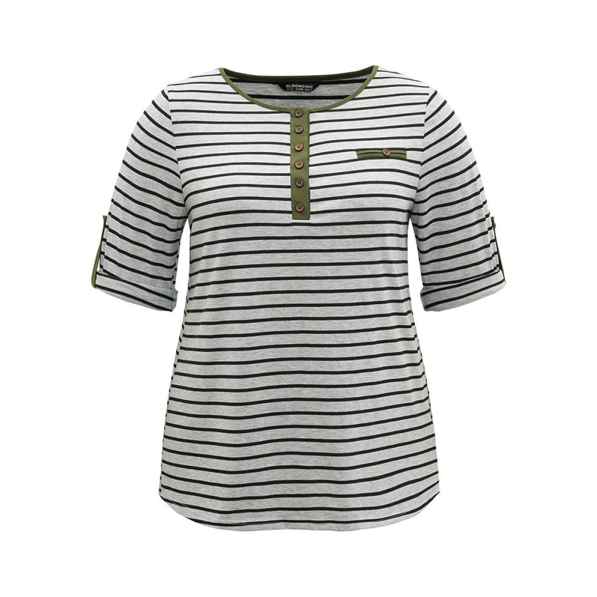 Plus Size Striped Contrast Button Up Tab Sleeve T-shirt Gray Women Casual Contrast Striped Open Front Everyday T-shirts BloomChic 28/5X Product Image