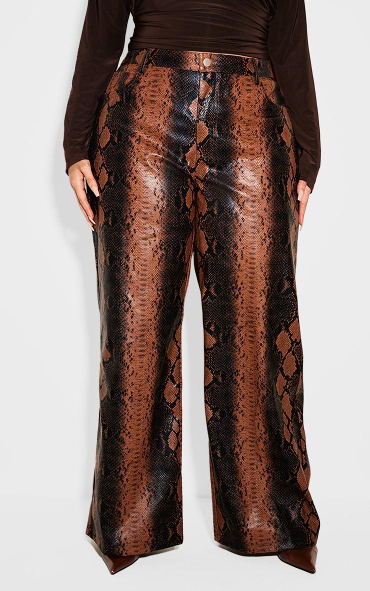 Plus Brown Faux Leather Snake Print Wide Leg Pants Product Image
