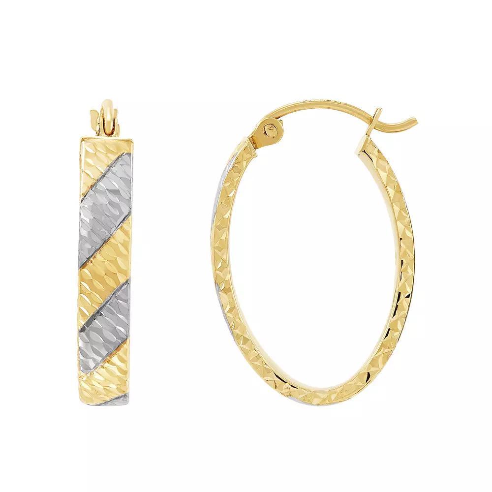 Everlasting Gold 10k Gold Diamond Cut Oval Rhodium Striped Hoop Earrings, Women's Product Image