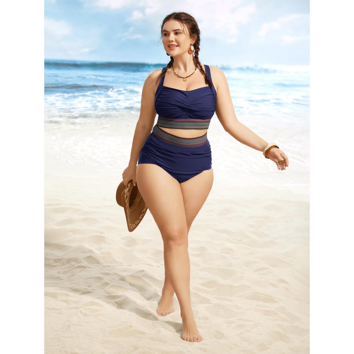 Plus Size Woven Ribbon Gathered High Rise Swim Bottom Women's Swimwear Indigo Beach Woven ribbon&lace trim High stretch Skinny High Rise Curve Swim Bottoms BloomChic 18-20/2X Product Image