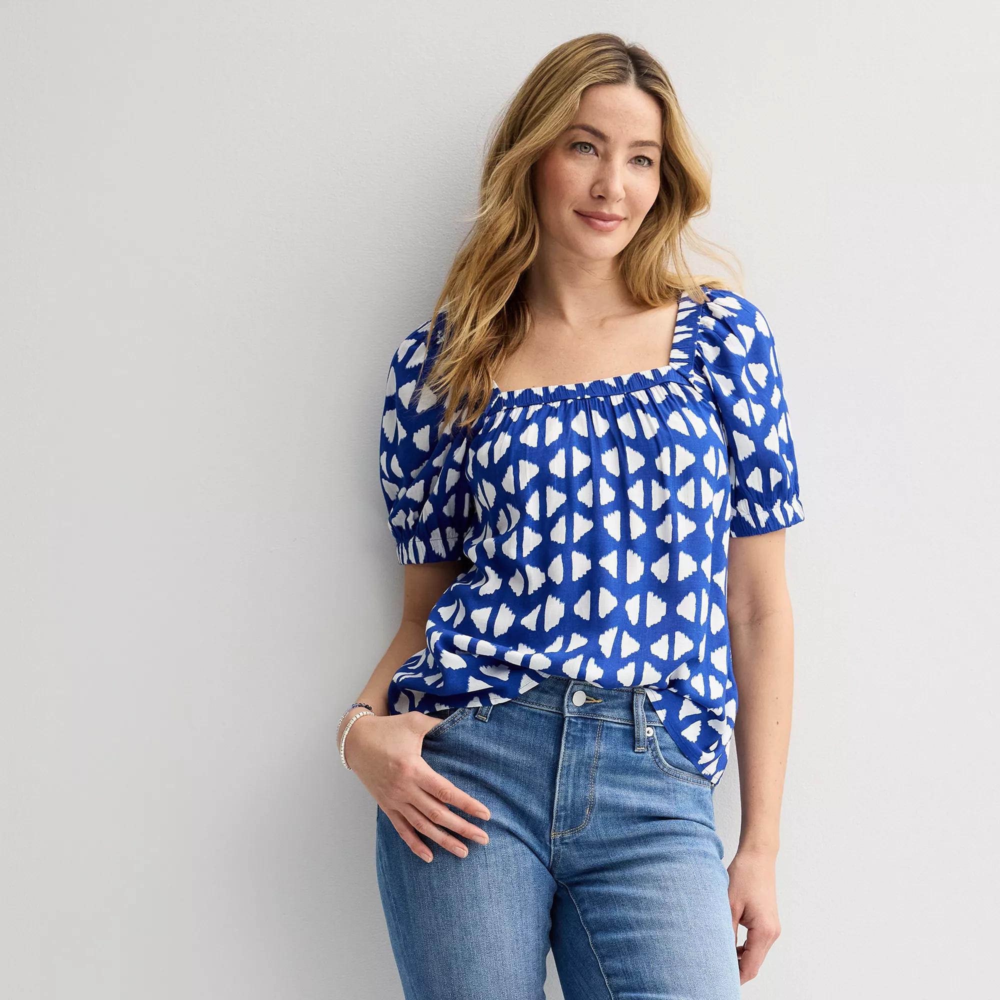 Women's Sonoma Goods For Life® Squareneck Peasant Top, Size: XXL, Blue Triangle Geo Product Image