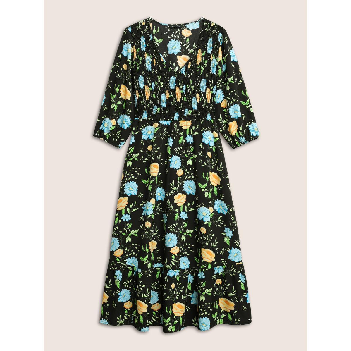 Plus Size Floral Print Shirred Pocket V Neck Dress Black Women Elegant Non V-neck Elbow-length sleeve Curvy Midi Dress BloomChic 14-16/1X Product Image