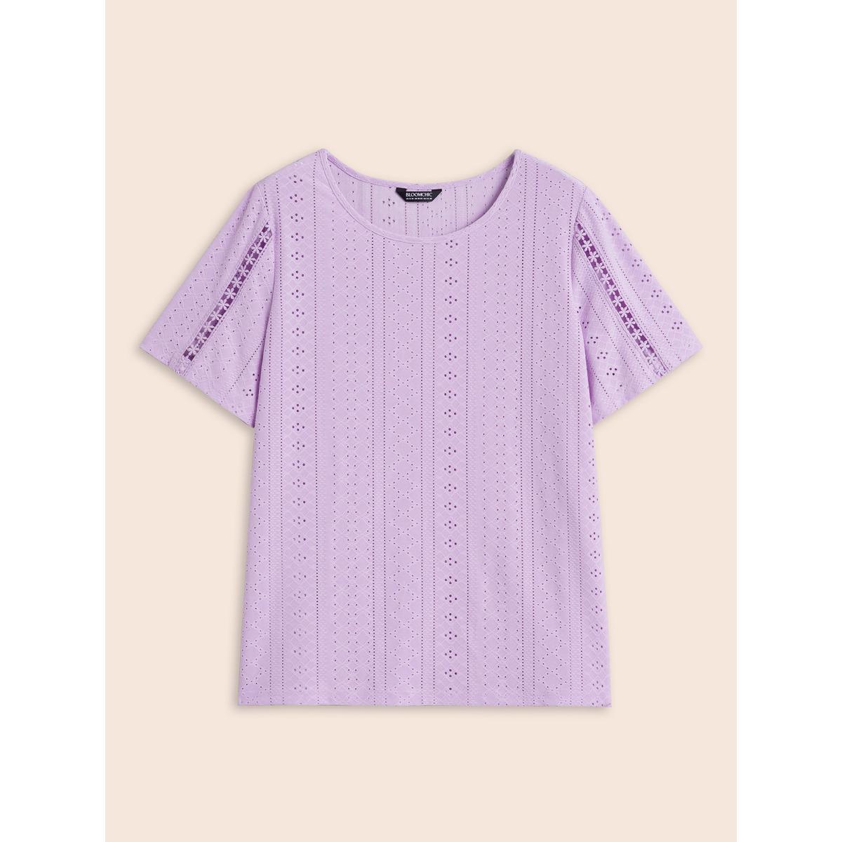 Plus Size Solid Round Neck Broderie Anglaise T-shirt Lavender Women Elegant Woven ribbon&lace trim Round Neck Everyday T-shirts BloomChic 26/4X Product Image