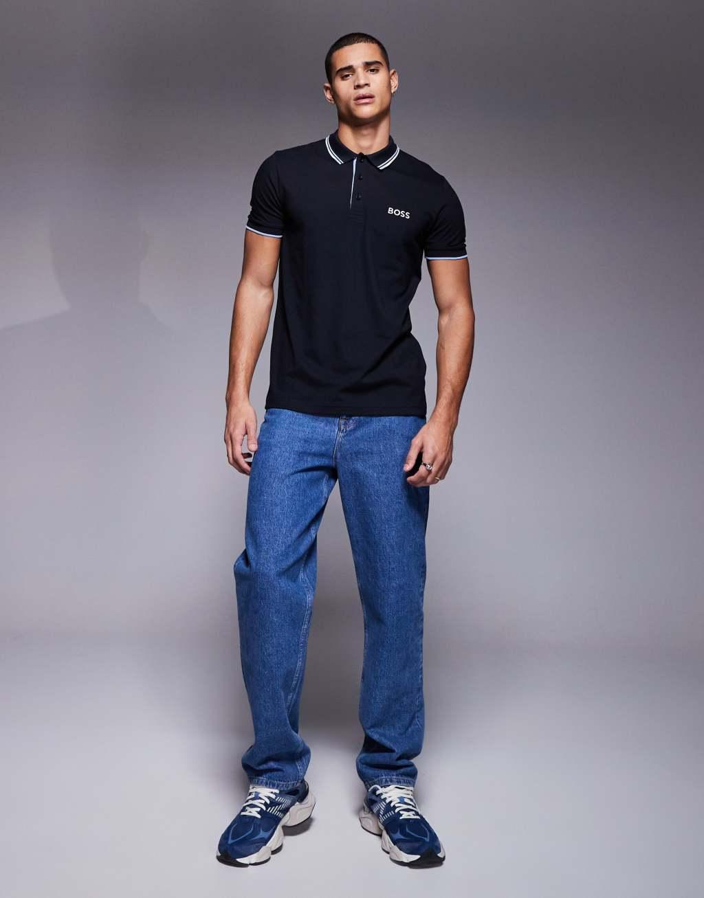 BOSS Green Paddy Pro tipped pique polo regular fit in navy Product Image