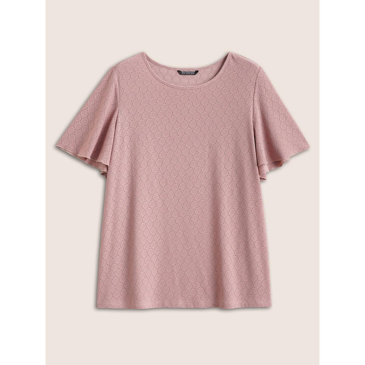 Plus Size Plain Textured Geometric Flutter Sleeve T-shirt Rouge Women Elegant Texture Plain Round Neck Everyday T-shirts BloomChic 22-24/3X Product Image