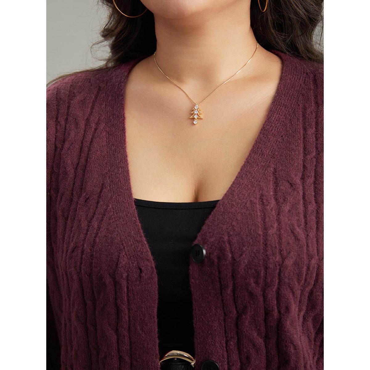 Plus Size Solid Cable Knit Button Fly Cardigan Burgundy Women Casual Loose Long Sleeve Everyday Cardigans BloomChic 12/L Product Image