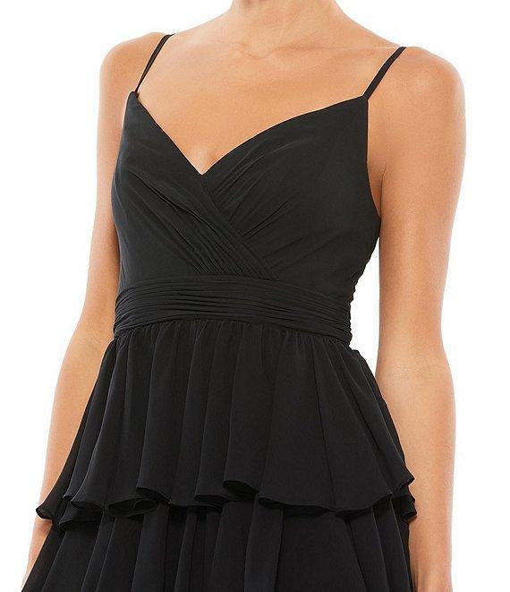Mac Duggal Tiered Ruffle V-Neck Sleeveless V-Back Thigh High Slit A-Line Gown Product Image