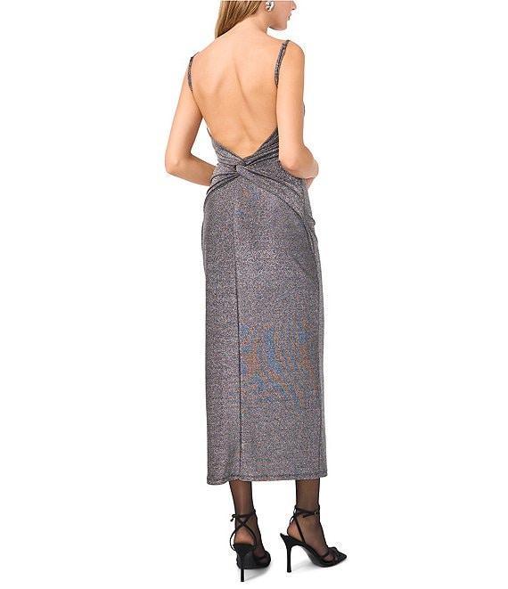 1. STATE Stretch Knit Metallic Square Neck Spaghetti Strap Bodycon Midi Dress Product Image