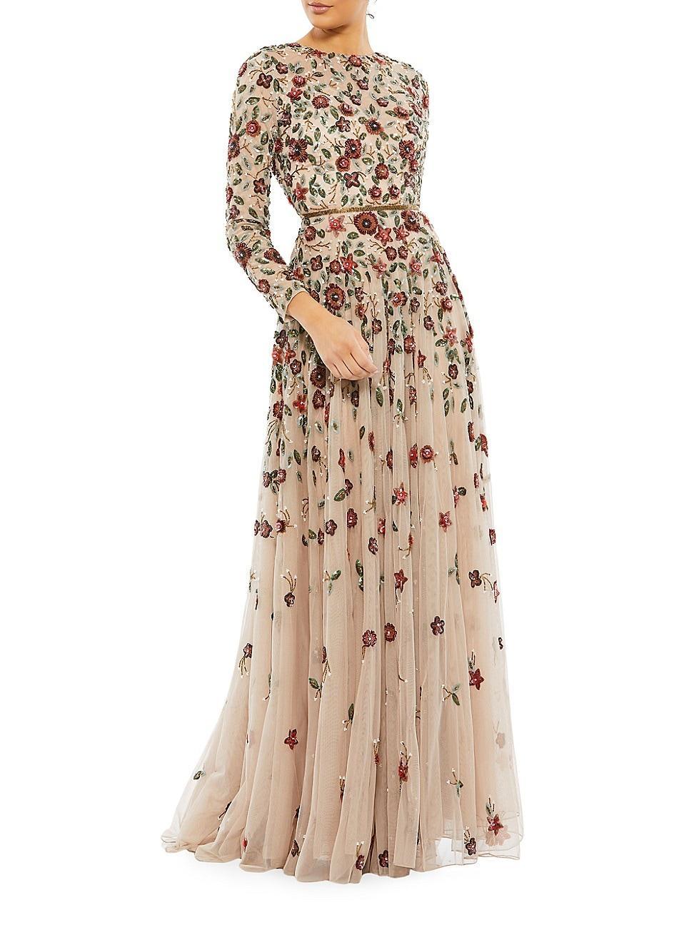Mac Duggal Floral Beaded Crew Neck Long Sleeve Pleated Chiffon Gown Product Image