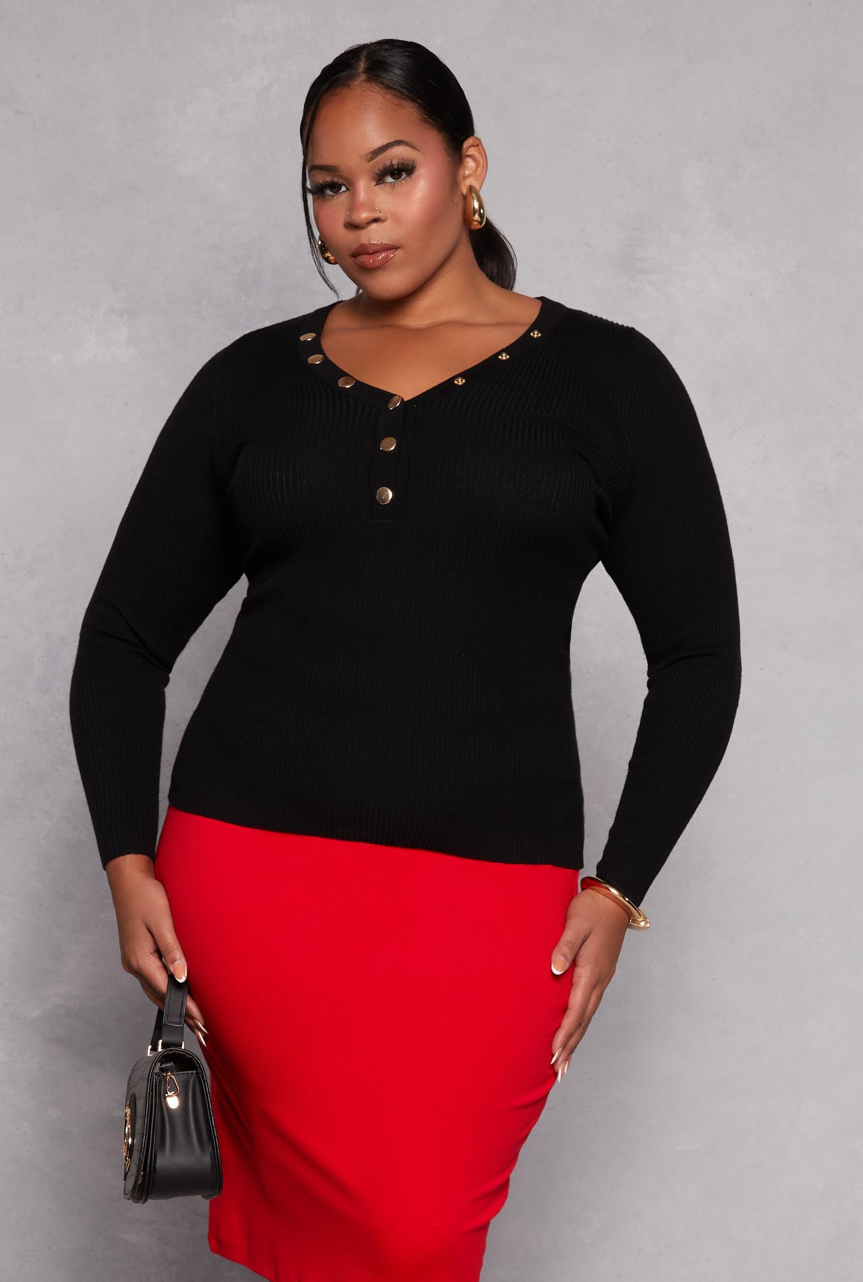 Womens Plus Size Ribbed Knit Long Sleeve Henley Top Product Image