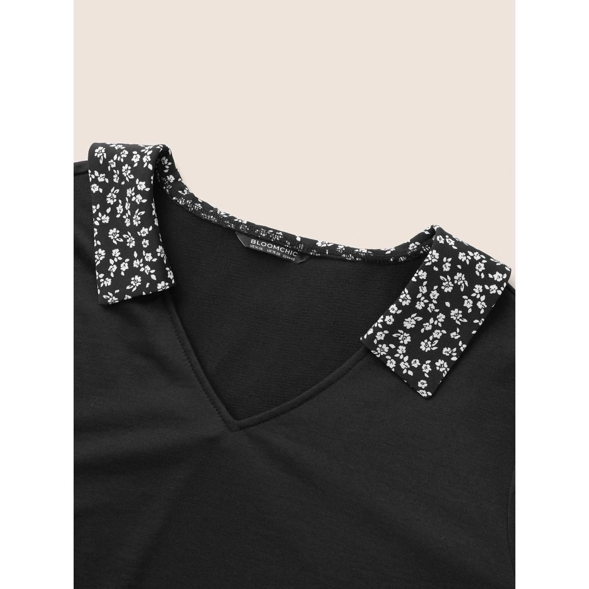 Plus Size Ditsy Floral Patchwork Shirt Collar Sweatshirt Women Black Casual Patchwork Shirt collar Everyday Sweatshirts BloomChic 26/4X Product Image