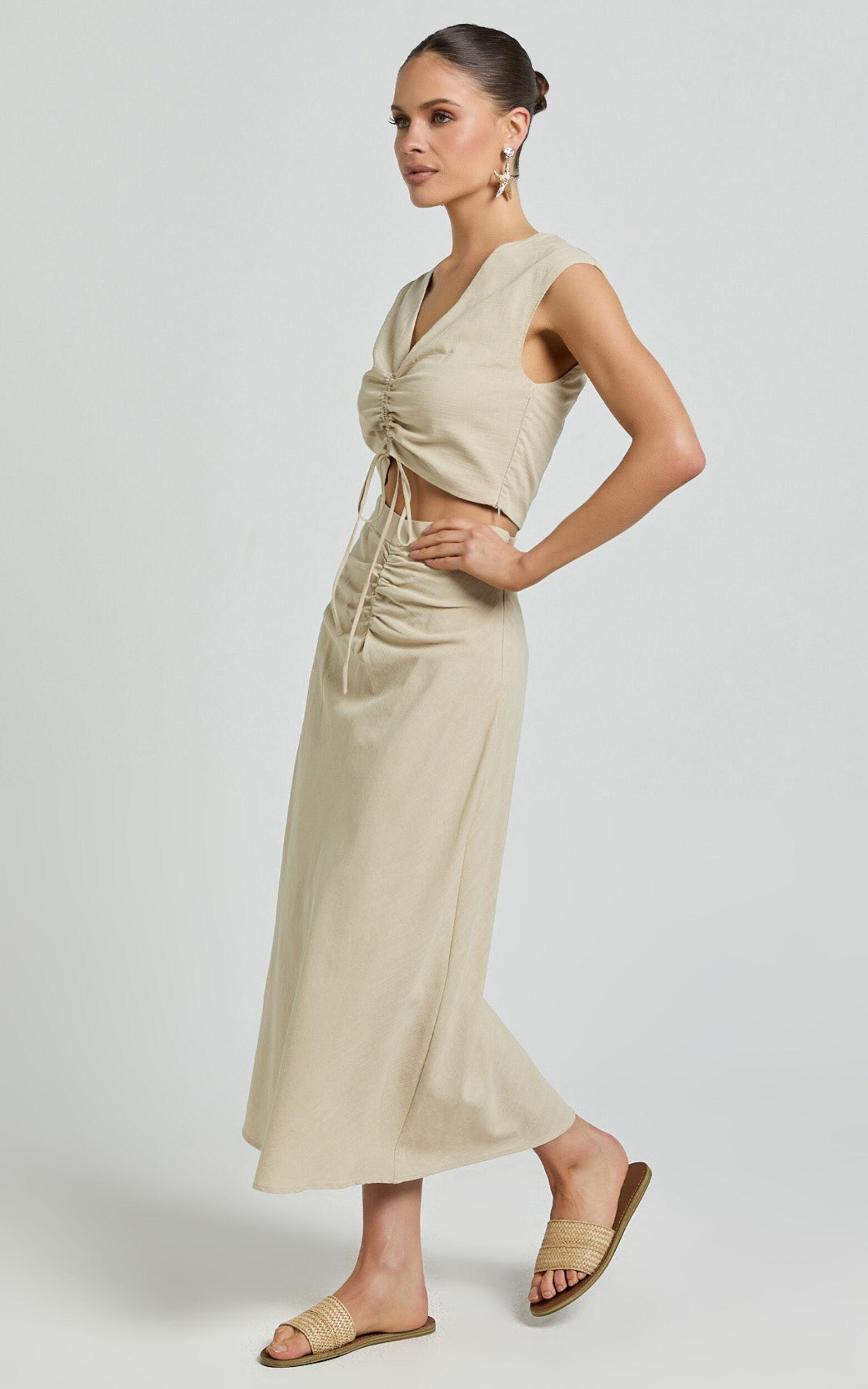 Devan Two Piece Set - Ruched Crop Top and A Line Midi Skirt Set in Sand Product Image