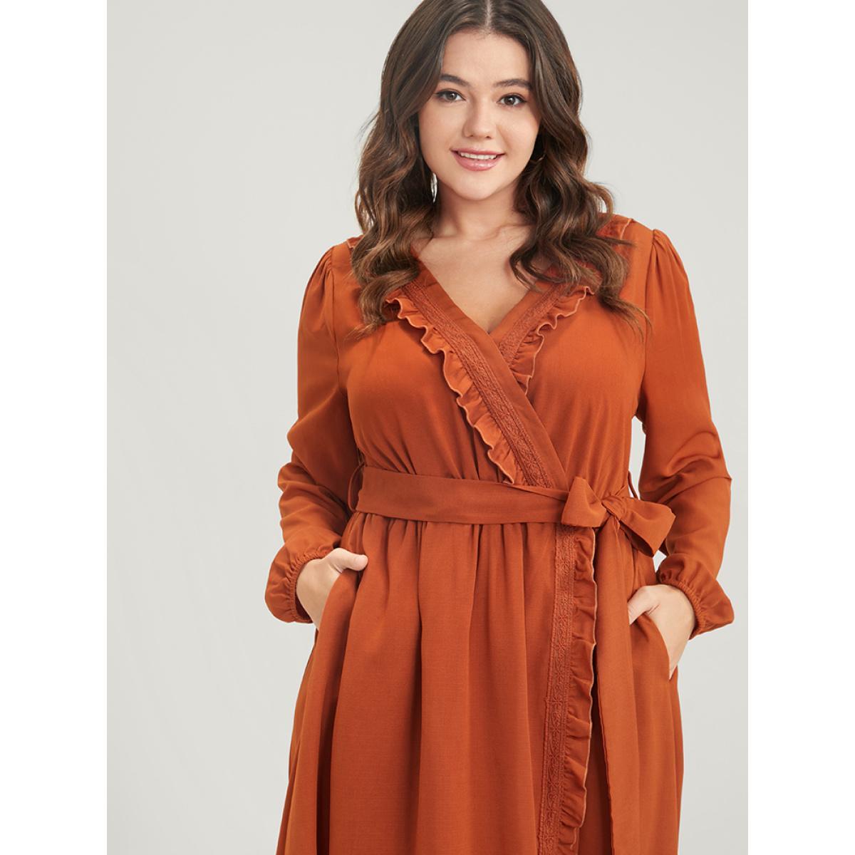 Plus Size Solid Lantern Sleeve Pocket Frill Trim Wrap Belted Dress Rust Women Elegant Plain V-neck Long Sleeve Curvy Long Dress BloomChic 28/5X Product Image