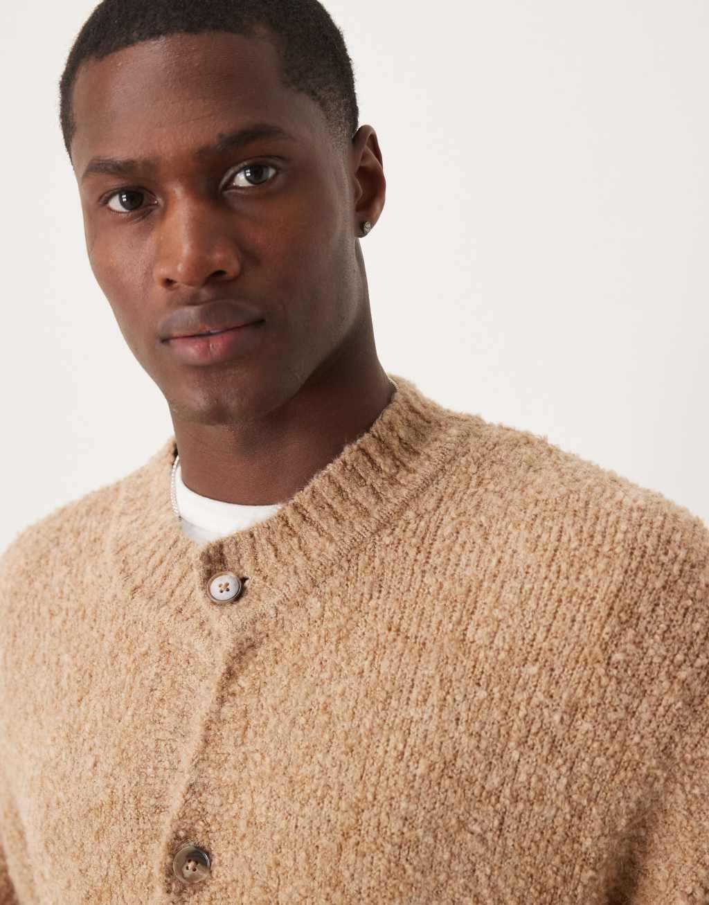 ASOS DESIGN relaxed boxy fit textured knit crew neck cardigan in beige Product Image