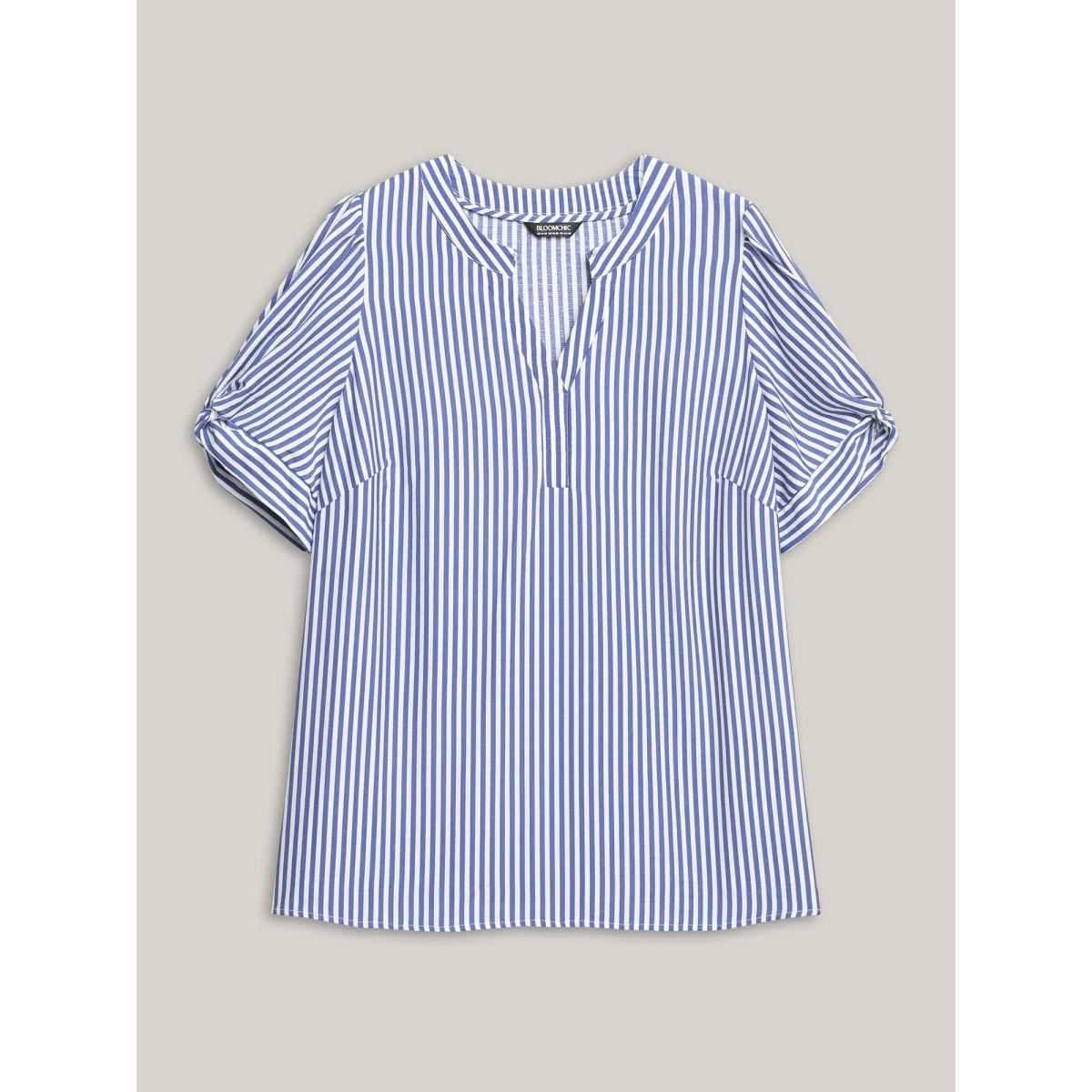 Plus Size DarkBlue Stripes Knotted Sleeve Notched Collar Blouse Women Short sleeve Notched collar Work Blouses BloomChic 18-20/2X Product Image