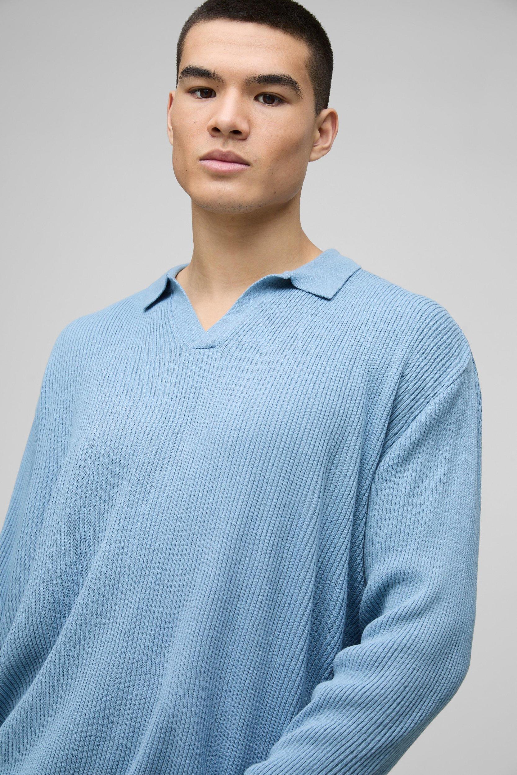 Oversized Ribbed Revere Neck Knitted Polo | boohooMAN USA Product Image
