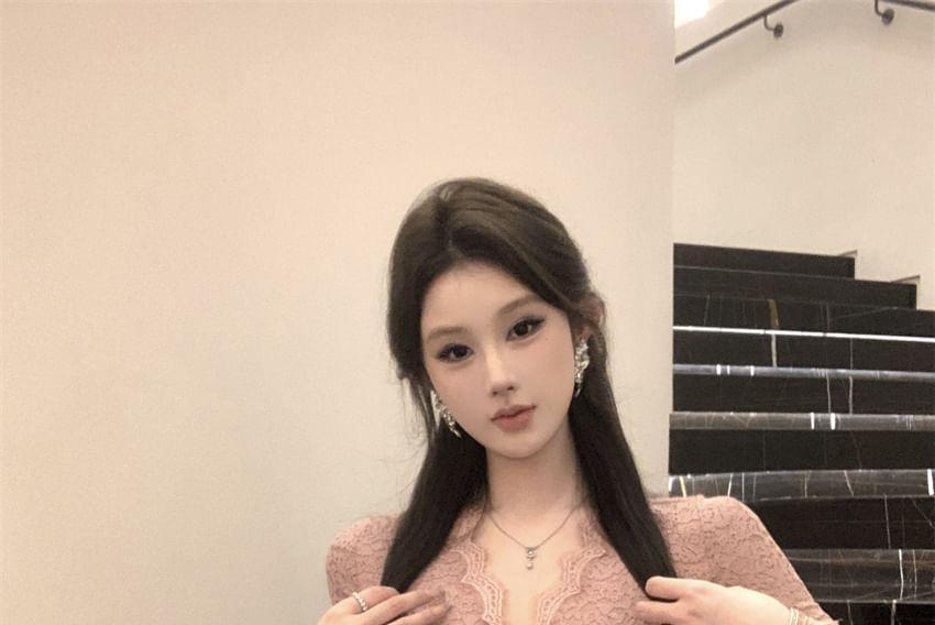 Long Sleeve V-Neck Plain Lace Bodycon Mini Dress Product Image
