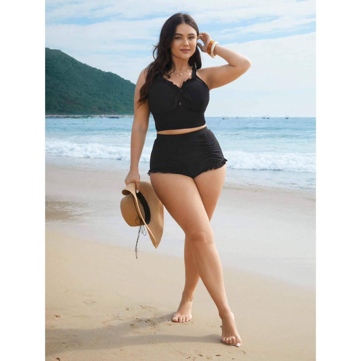 Plus Size Ruched Mesh Seamed Ruffle Trim Swim Bottoms Women's Swimwear Aegean Beach Gathered High stretch Skinny High Rise Curve Swim Bottoms BloomChic 14-16/1X Product Image