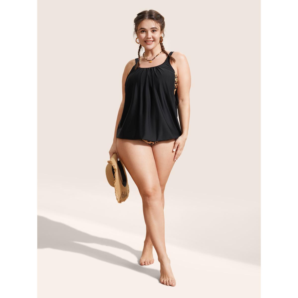 Plus Size Patchwork Leopard Print Gathered Swim Top Women's Swimwear Black Beach Gathered High stretch Bodycon U-neck Curve Swim Tops BloomChic 28/5X Product Image