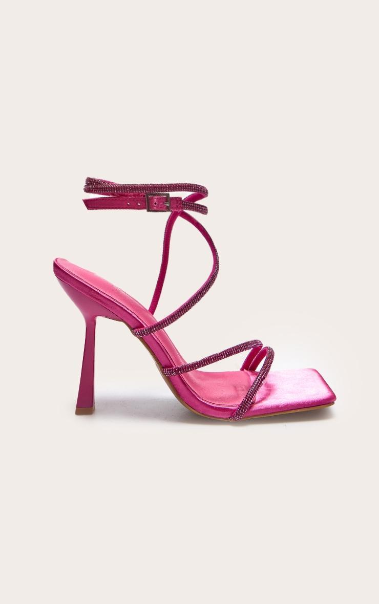 Pink Satin Square Toe Diamante Strappy High Heeled Sandals Product Image