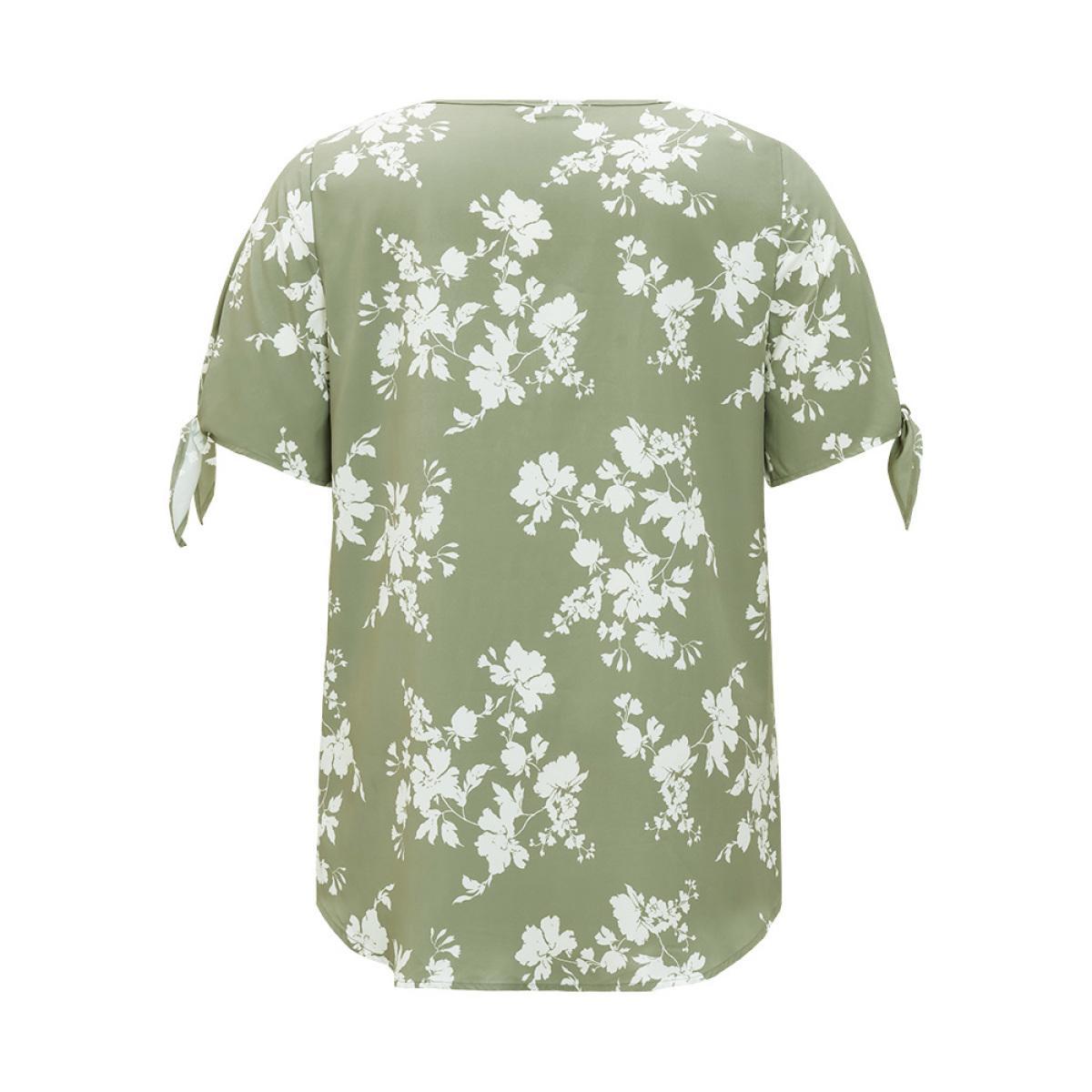 Plus Size Mint Floral Knot Sleeve V Neck Blouse Women Elegant Short sleeve V-neck Dailywear Blouses BloomChic 30/6X Product Image