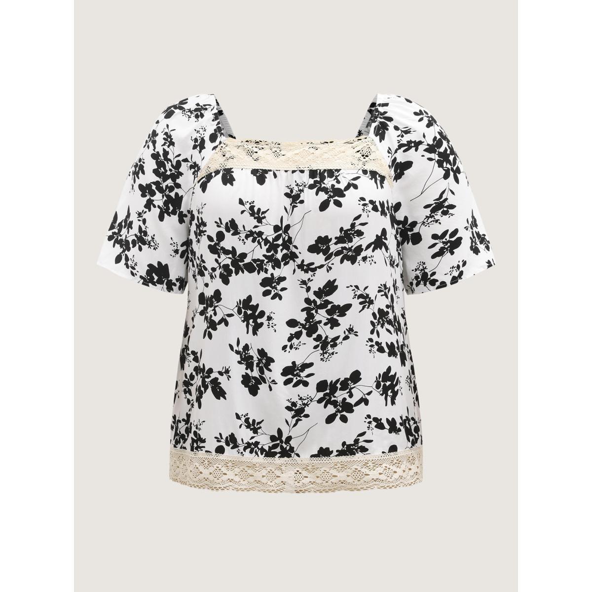 Plus Size WhiteSmoke Silhouette Floral Lace Detail Blouse Women Half Sleeve Square Neck Everyday-Elegant Blouses BloomChic 26/4X Product Image